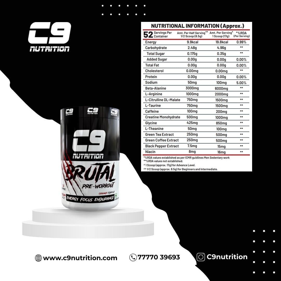 C9 Nutrition Brutal Pre-Workout | 200mg Caffeine, 52 Servings | Vegetarian, 450g