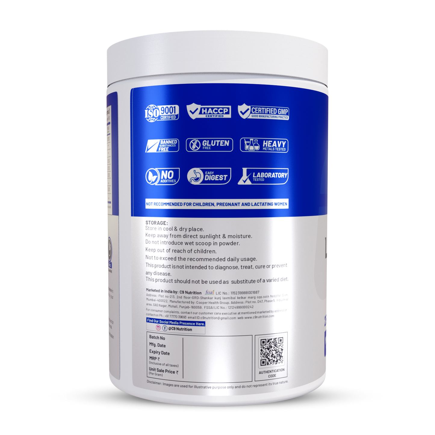C9 Nutrition L-Glutamine Powder 250g | 50 Servings | Unflavoured | Boost Recovery & Performance
