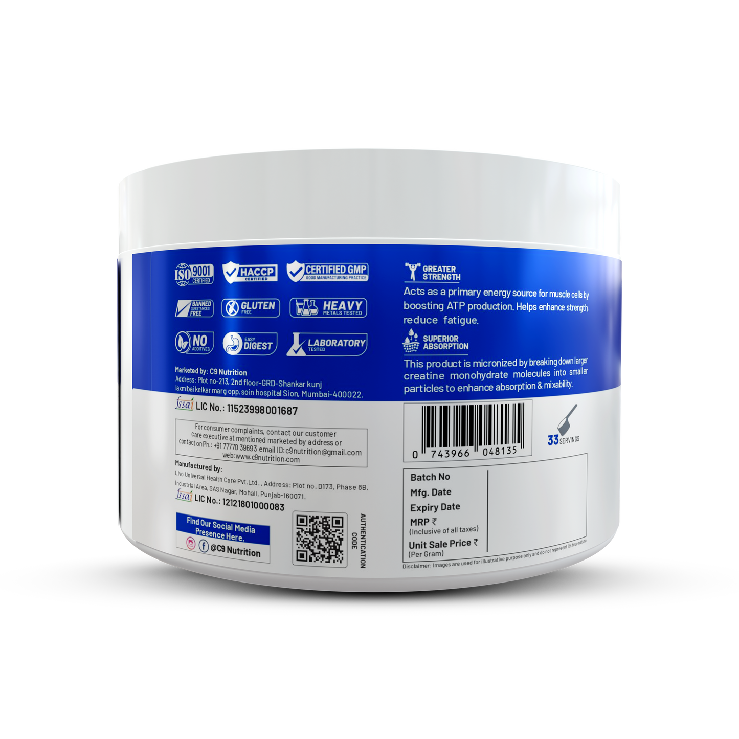 C9 Nutrition Pure Micronized Creatine Monohydrate | Increased Muscle Mass | Unflavoured | Gluten-Free | GMP Certified | Heavy Metal Tested