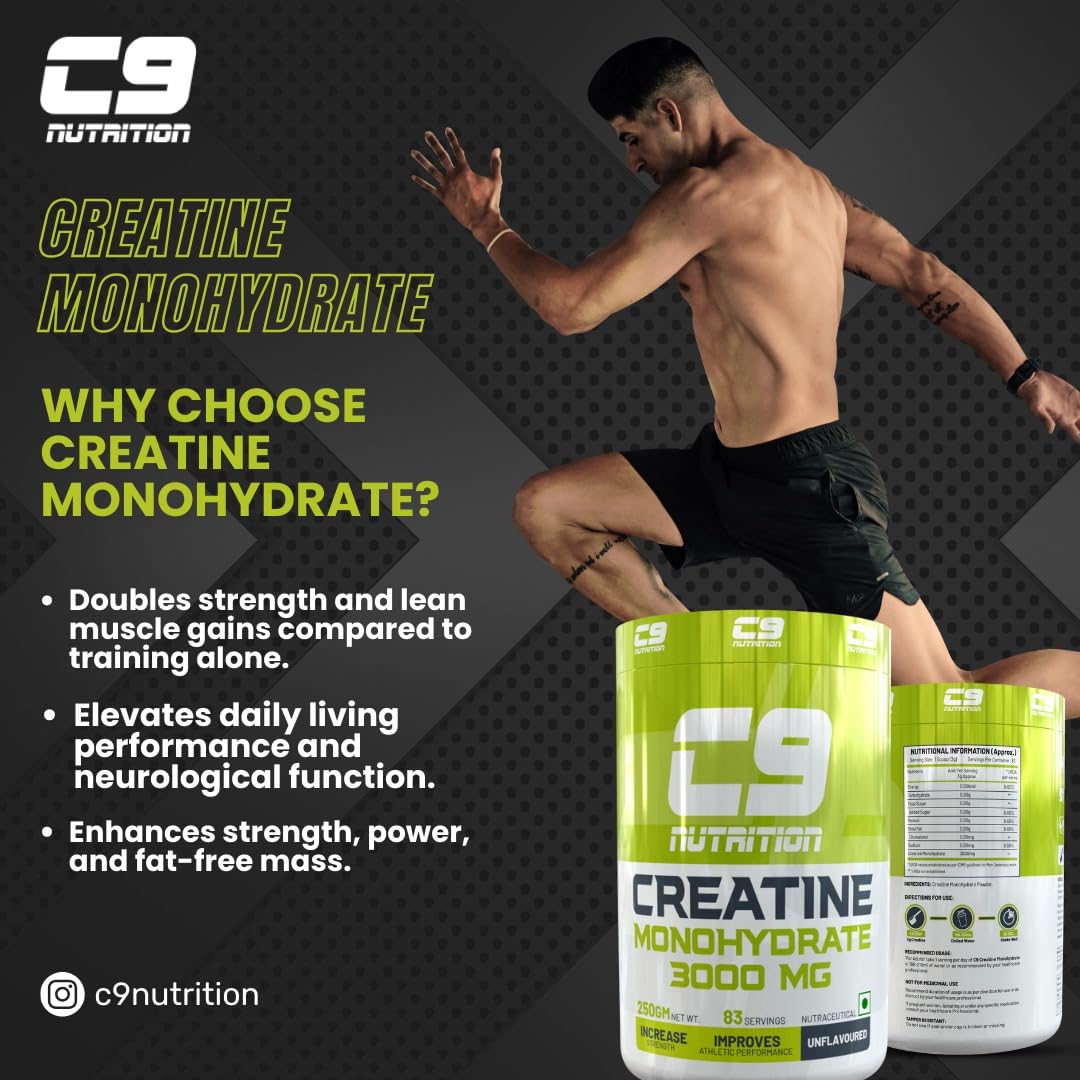 C9 Nutrition Pure Micronized Creatine Monohydrate | Increased Muscle Mass | Unflavoured | Gluten-Free | GMP Certified | Heavy Metal Tested