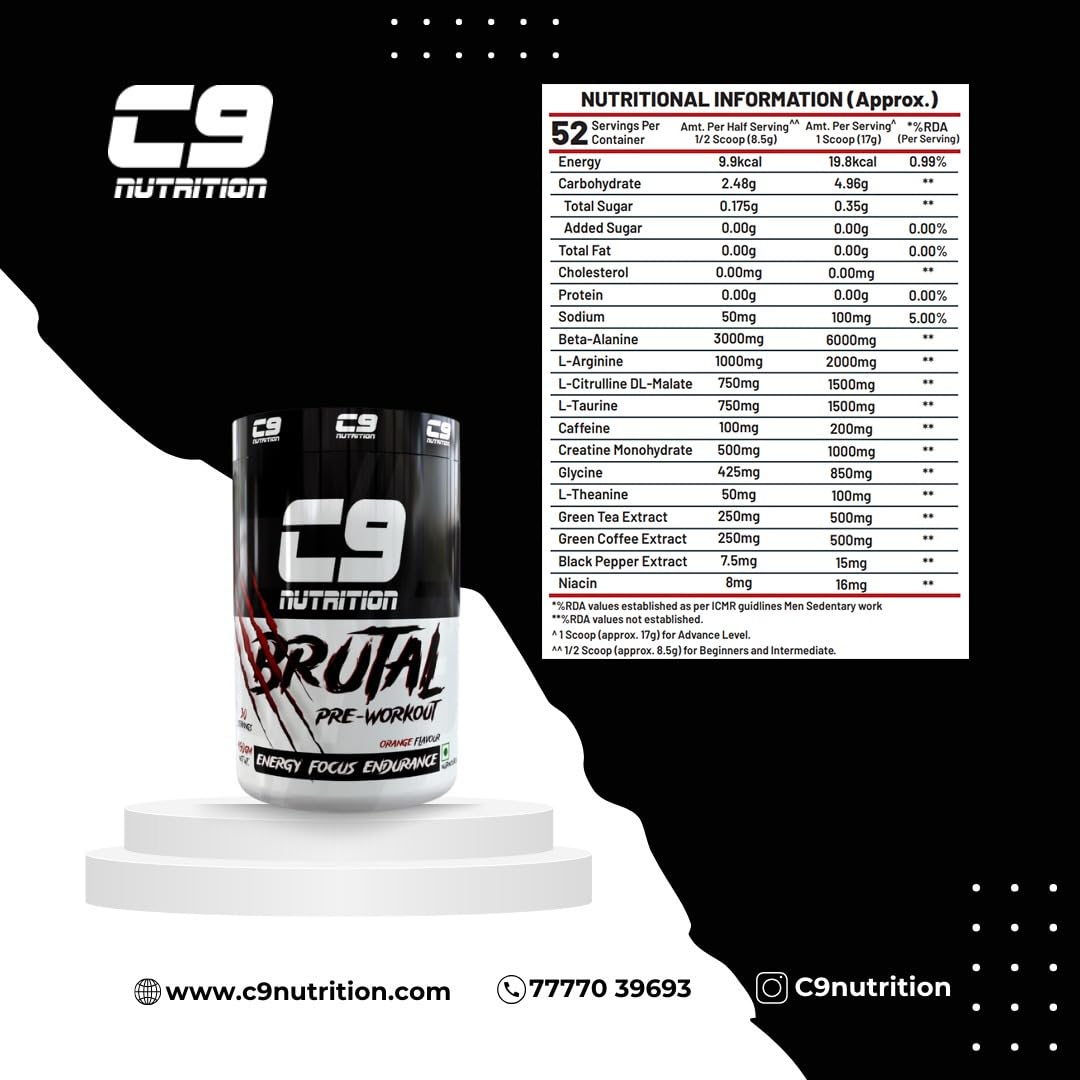 C9 Nutrition Brutal Pre-Workout | 200mg Caffeine, 52 Servings | L-Arginine, L-Citrulline & L-Taurine for Energy & Endurance | Vegetarian, 450g