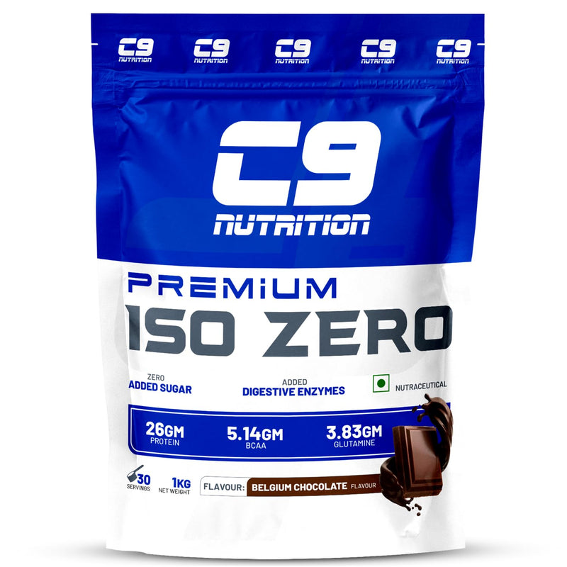 A blue and white container of C9 Nutrition ISO ZERO Whey Isolate protein powder with chocolate flavor, 26g protein content highlighted, and various certifications listed.