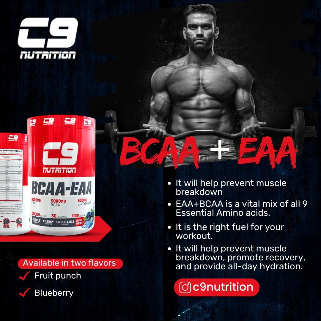 C9 Nutrition BCAA + EAA Powder | 5000mg BCAA, 9000mg EAA | Sugar-Free | 30 Servings | Vegetarian | 300g