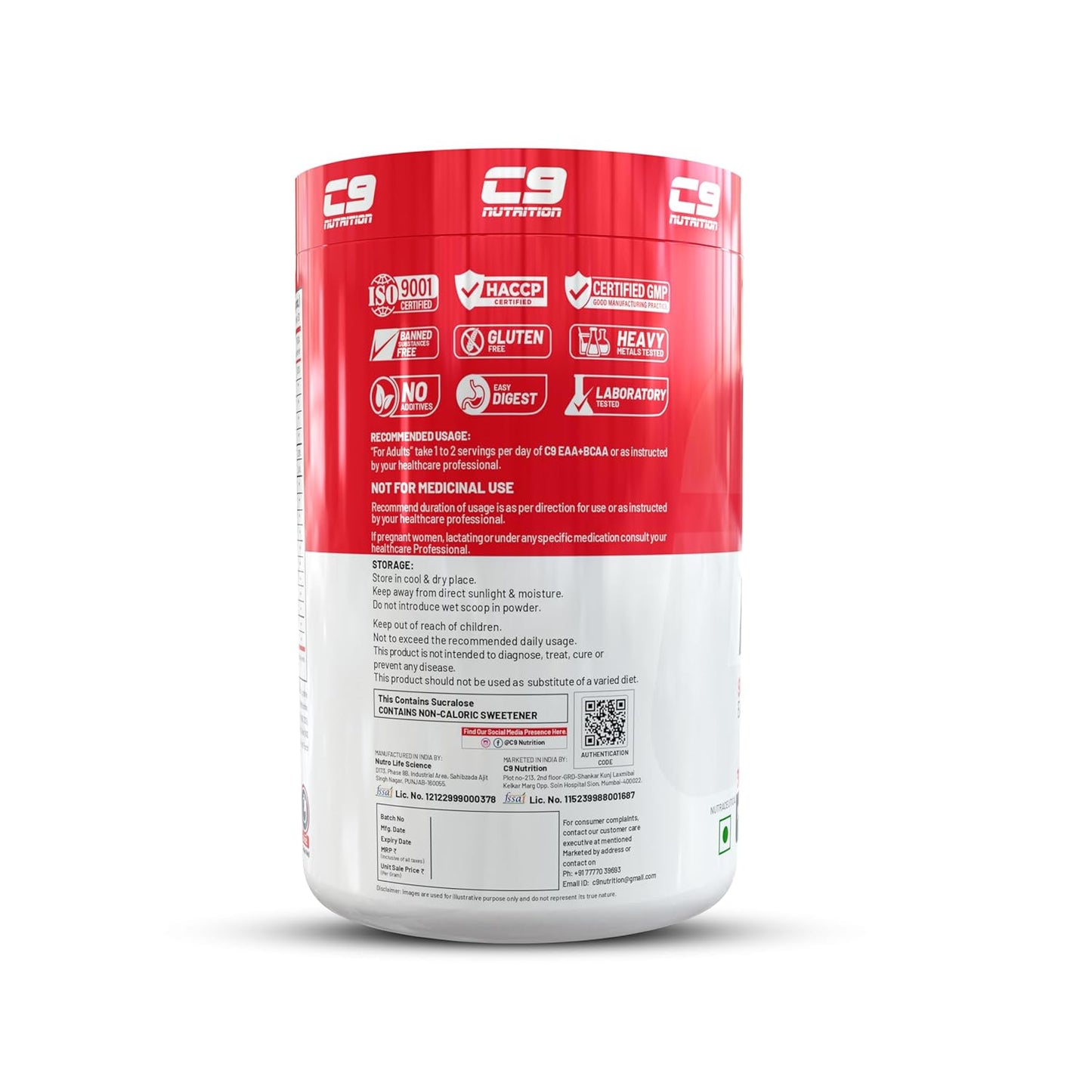 C9 Nutrition BCAA + EAA Powder | 5000mg BCAA, 9000mg EAA | Sugar-Free | 30 Servings | Vegetarian | 300g