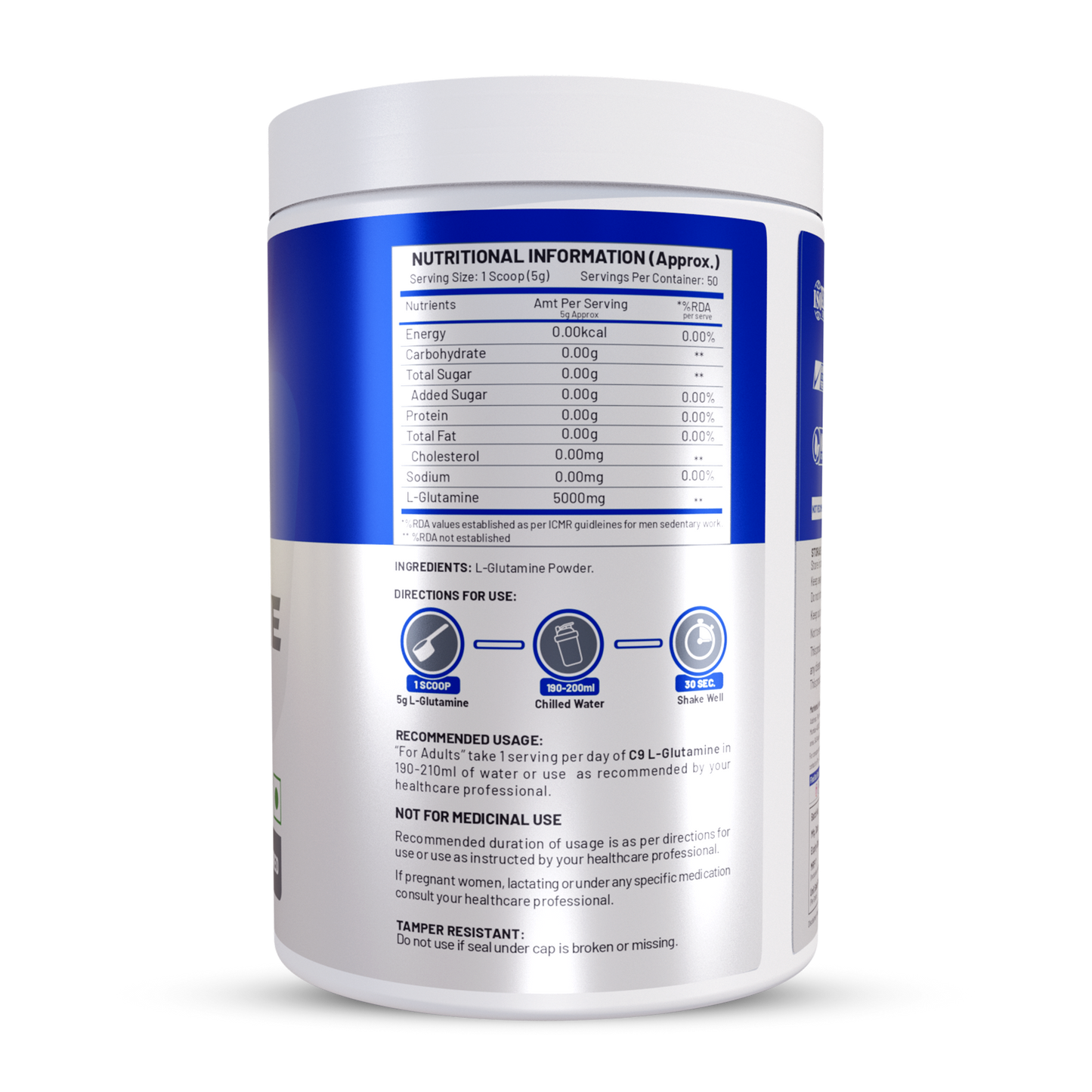 C9 Nutrition L-Glutamine Powder 250g | 50 Servings | Unflavoured | Boost Recovery & Performance